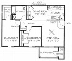 Floor plan for 2 beds, 1 bath, 900 sqft
